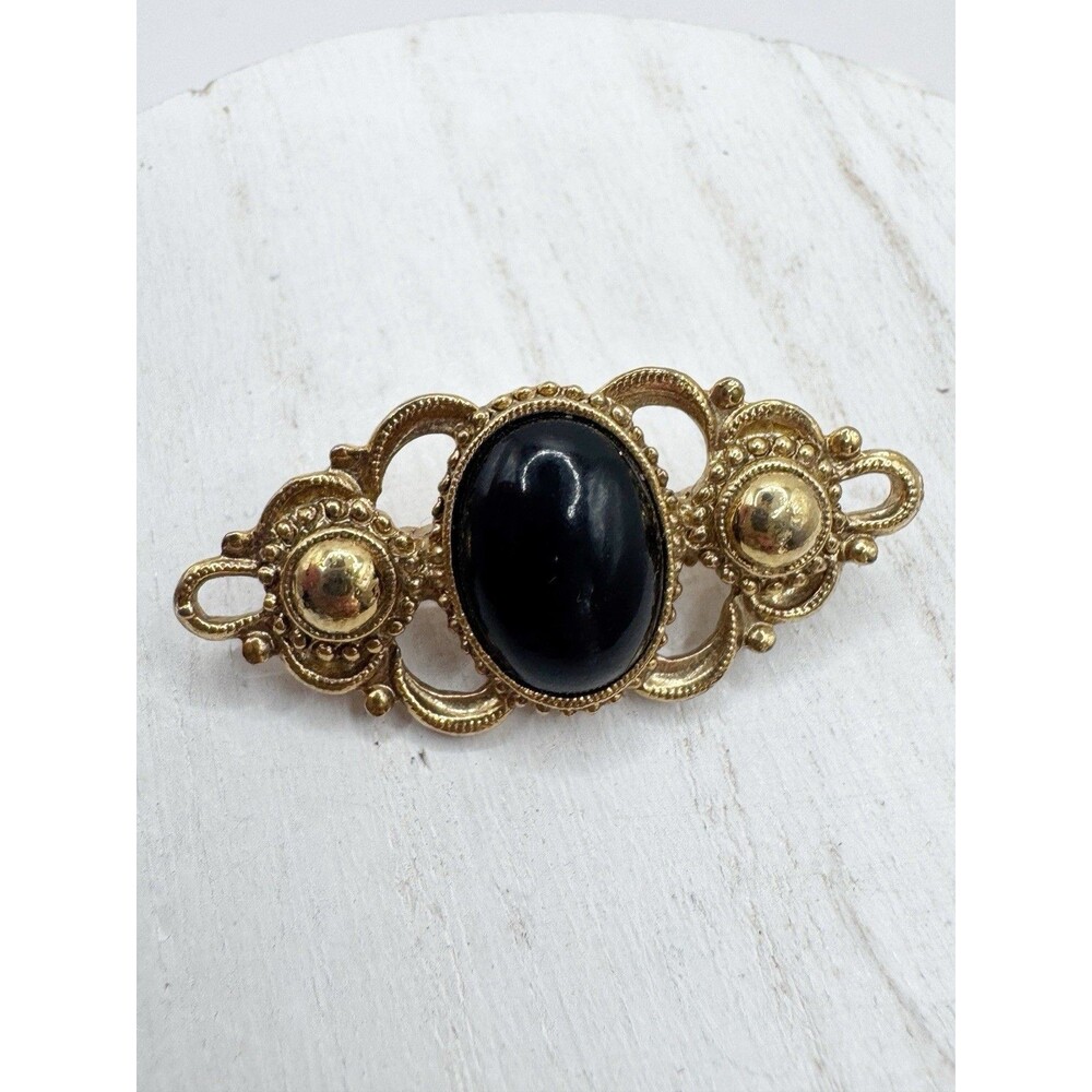 Vintage 1928 Jewelry Co. Faux Oval Cabochon Black Stone Filigree Bar Pin Brooch